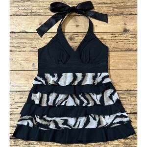 2b Bebe Women’s Black/White Halter Ruffle Animal Print Top Size S